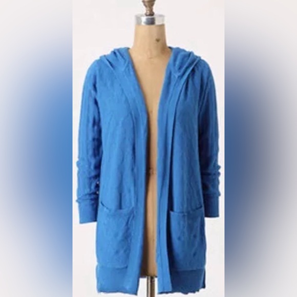 Anthro SPARROW Crystal Coast Cardigan Sweater Blue Pointelle Knit Linen Hoodie - Picture 14 of 14
